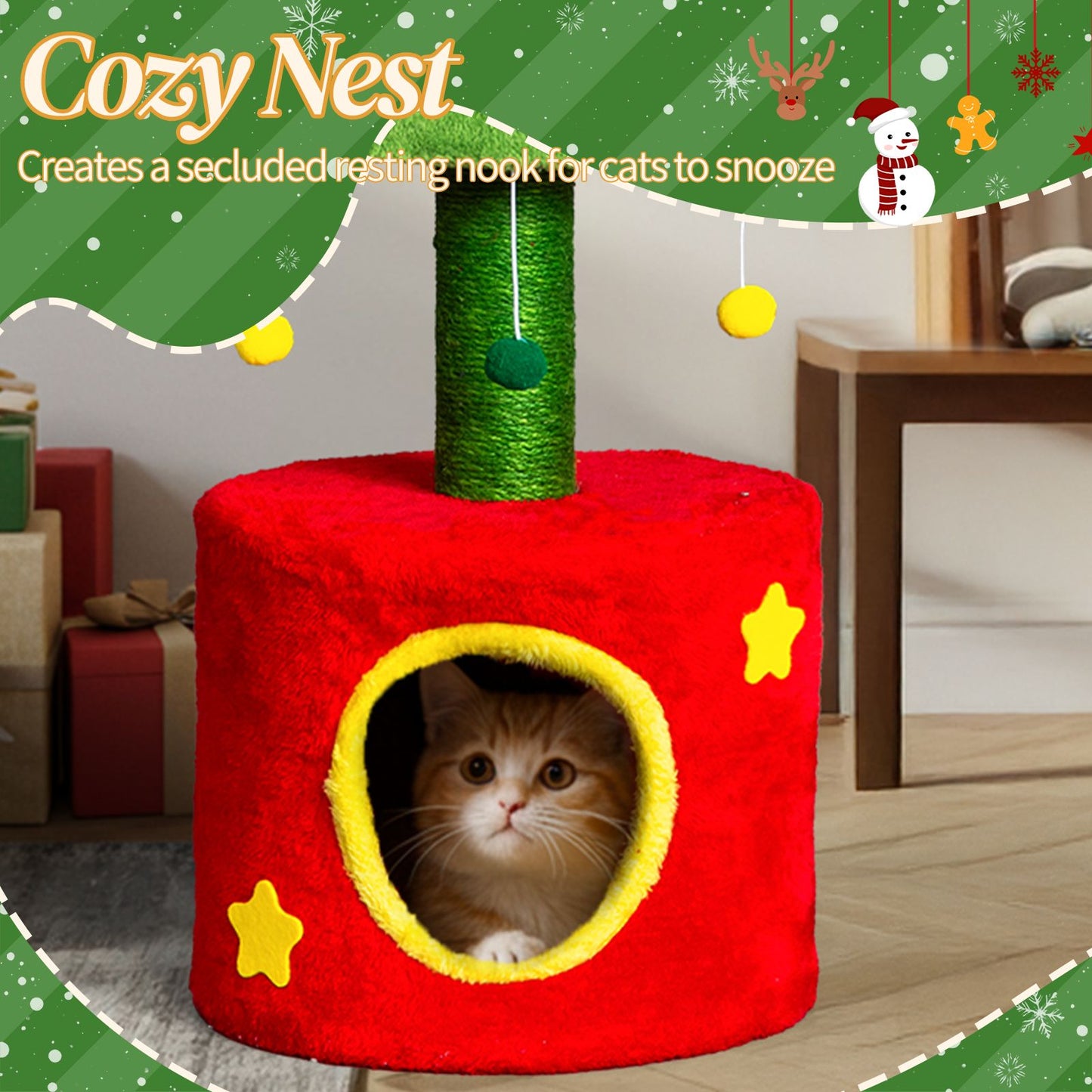 30in Cat Scratching Post with Cat House for Indoor Kitten, Small Cat Tree Tower with Sisal Post and Cute Hanging Balls, Red & Green