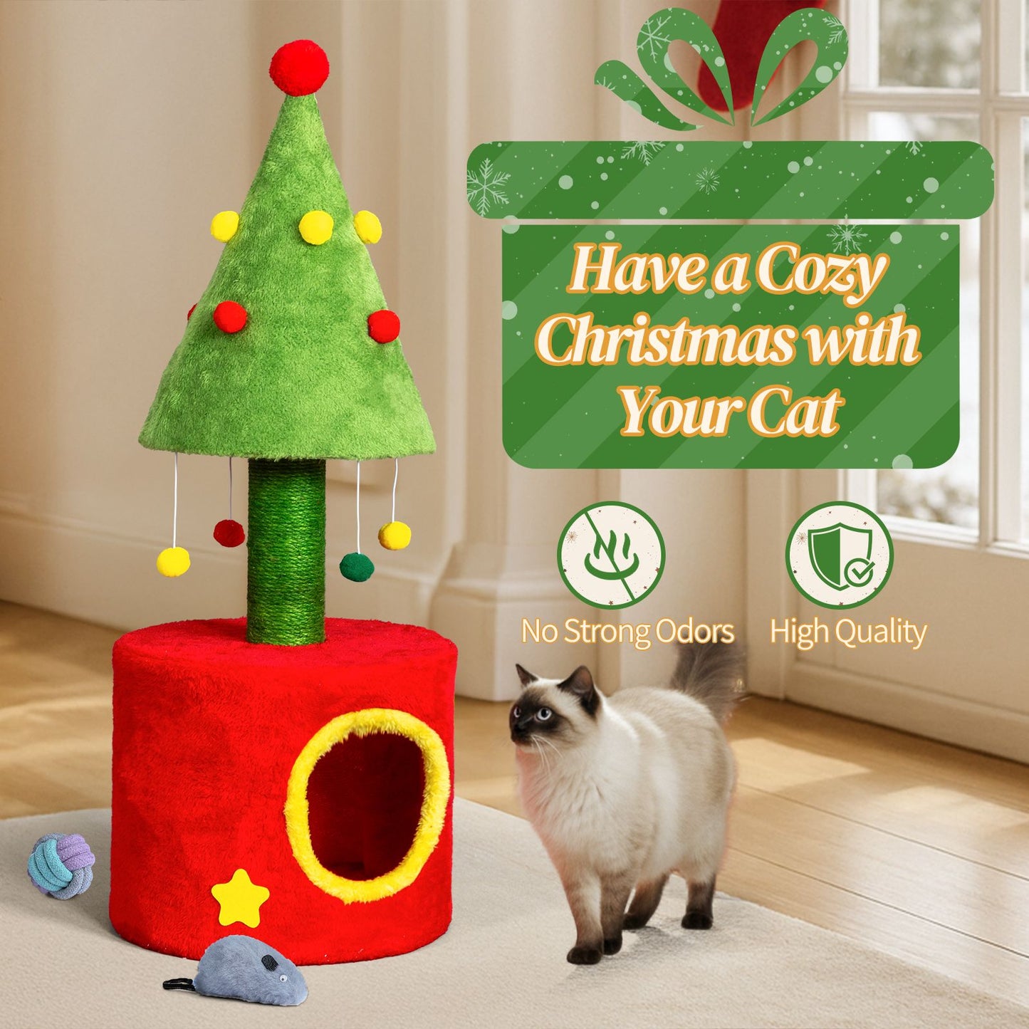 30in Cat Scratching Post with Cat House for Indoor Kitten, Small Cat Tree Tower with Sisal Post and Cute Hanging Balls, Red & Green