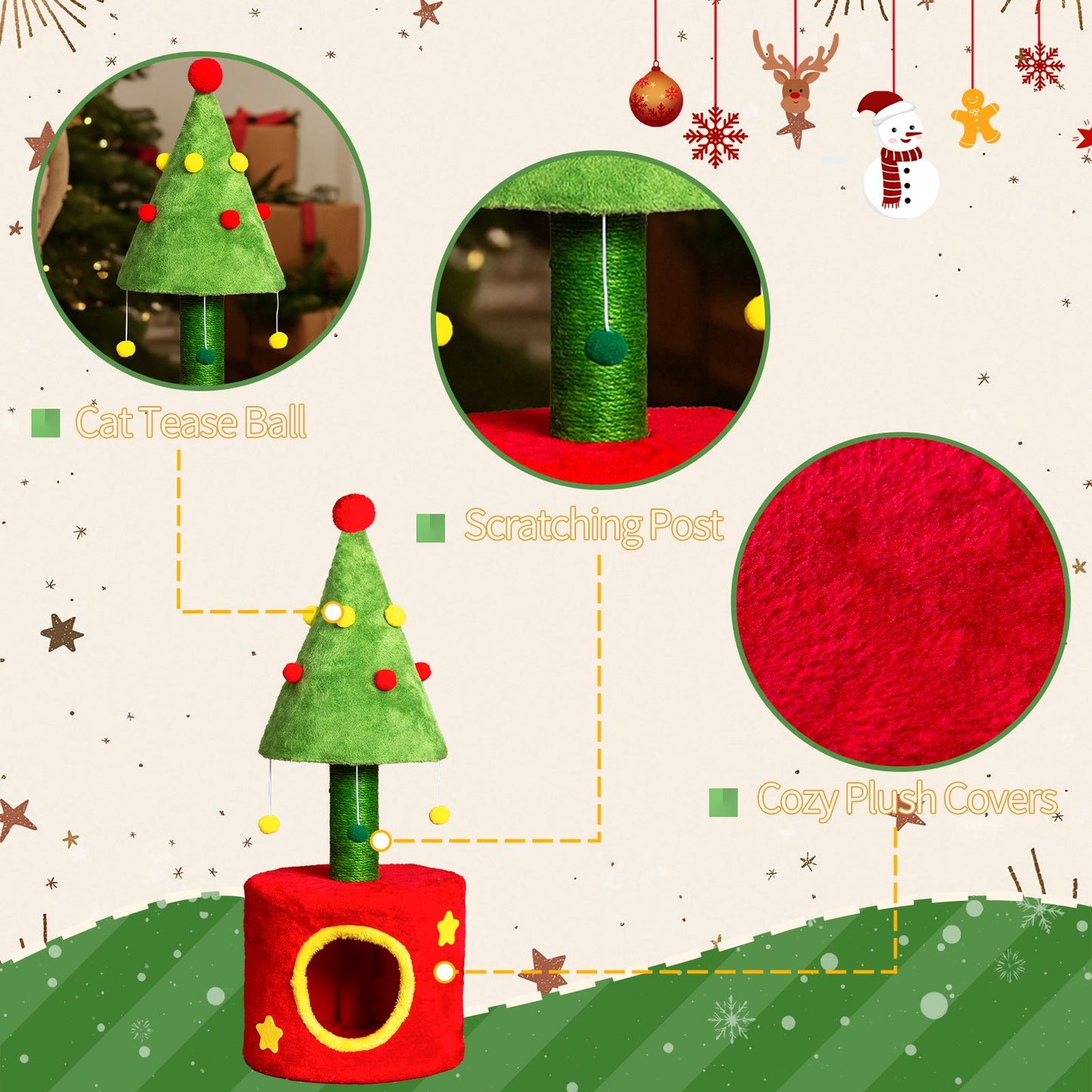 30in Cat Scratching Post with Cat House for Indoor Kitten, Small Cat Tree Tower with Sisal Post and Cute Hanging Balls, Red & Green