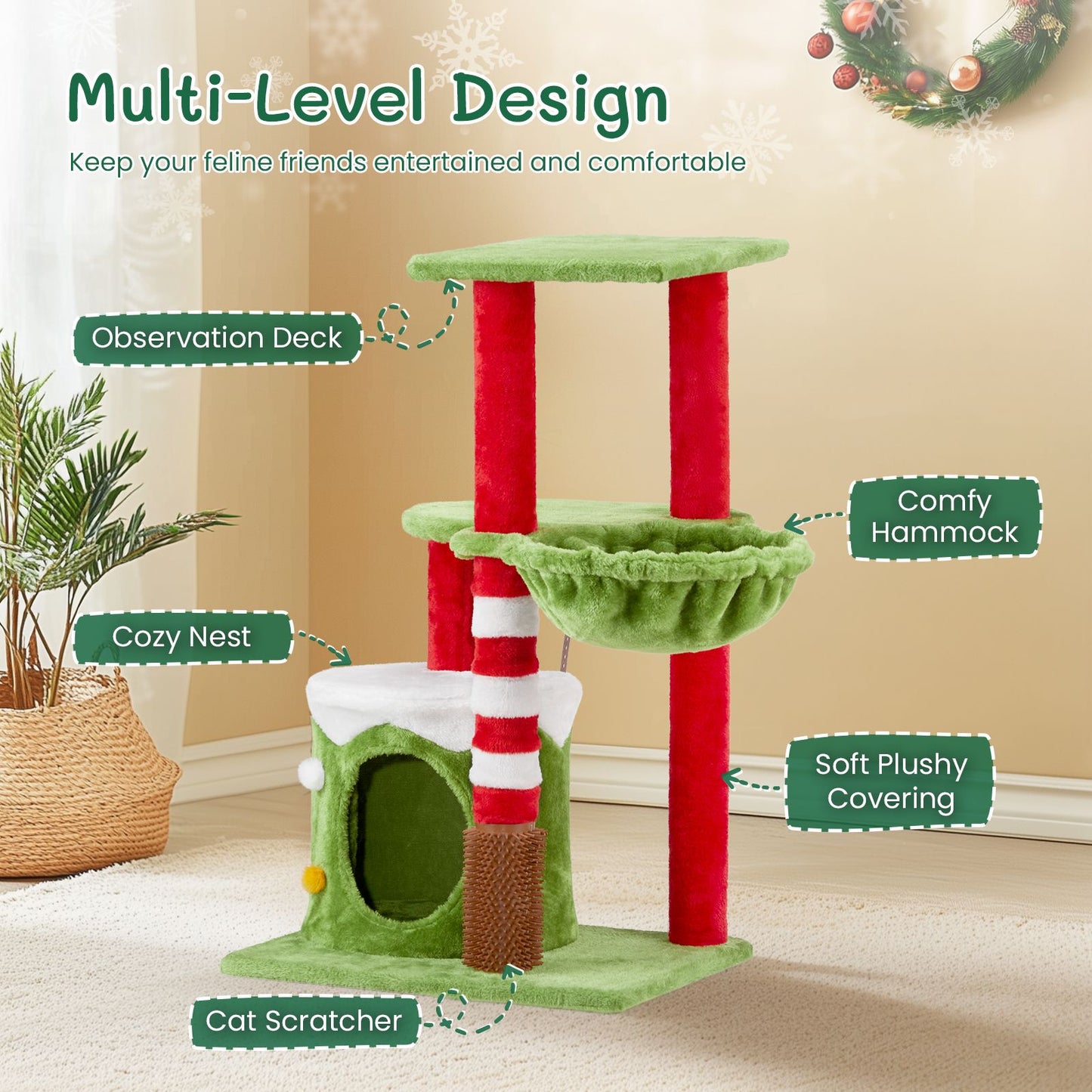 32in Cat Scratching Posts Tower with Cat Condo and Hammock, Christmas Themed Plush Cat Tree with Cat Massage Brush, Activity Center for Indoor Cats