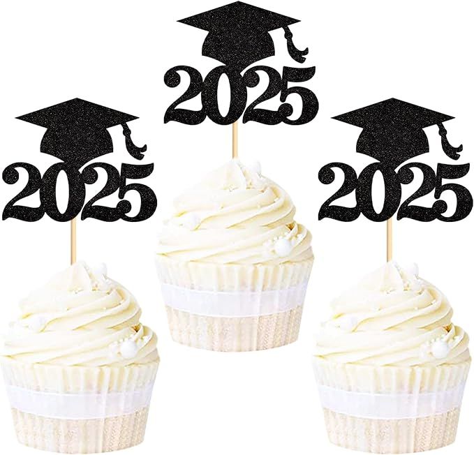 36 Pack Black Glitter 2025 Graduation Cap Cupcake Toppers Class of 2025 Grad Cap Cupcake Picks for 2025 Graduation Theme Party Cake Decorations Supplies