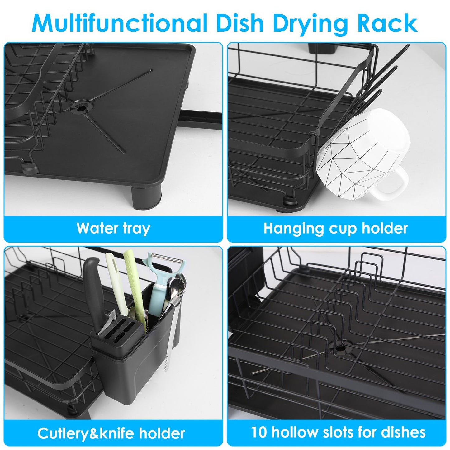 360° Swivel Spout Dish Drying Rack, All-Round Drainage System (No Wet Countertops) with Separate Knife Holder Drainage, Drainboard for Quick Drying