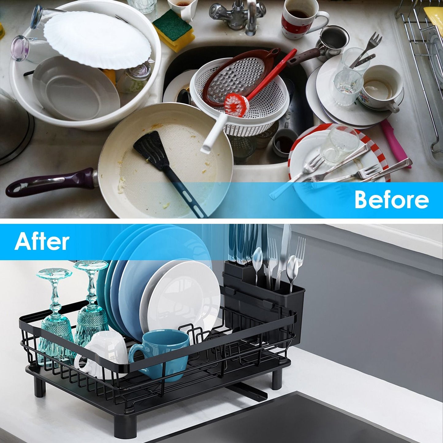 360° Swivel Spout Dish Drying Rack, All-Round Drainage System (No Wet Countertops) with Separate Knife Holder Drainage, Drainboard for Quick Drying