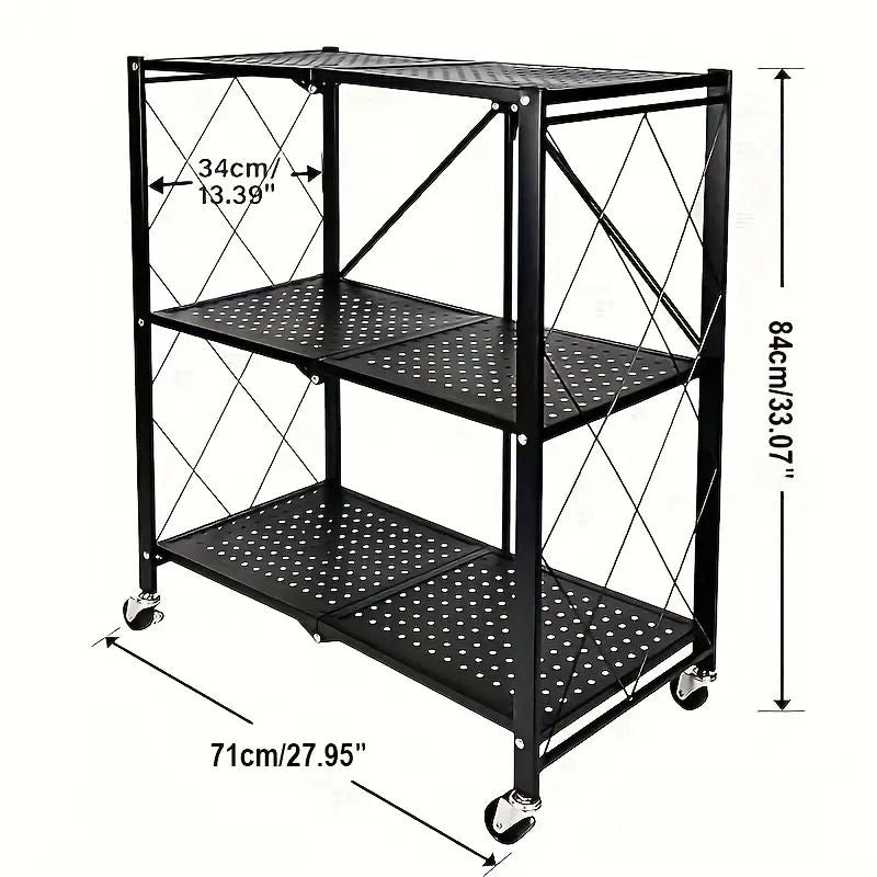 3Tier Heavy Duty Foldable Metal Rack Storage Rack, Removable Organizing Rack with Wheels, Suitable for Garage Kitchen, Black Kitchen Storage Rack, Garage Storage Organizer Rack, All-In-One Storage