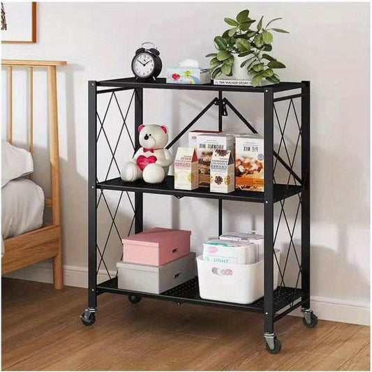 3Tier Heavy Duty Foldable Metal Rack Storage Rack, Removable Organizing Rack with Wheels, Suitable for Garage Kitchen, Black Kitchen Storage Rack, Garage Storage Organizer Rack, All-In-One Storage