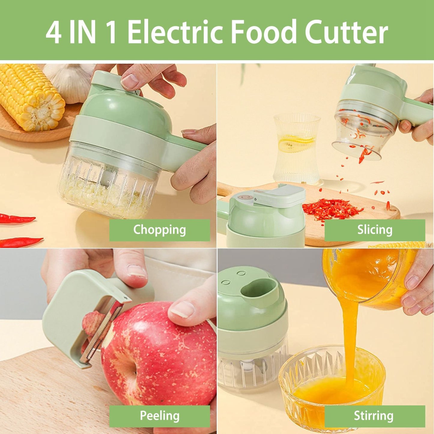 4-in-1 Electric Food Processor – Grind, Slice, Peel & Stir | Long-Ingredient Feed Hole | Direct-to-Pot Shooter | One-Key Self-Cleaning | Stainless-Steel Mini Chopper for Garlic, Onion, Meat & Fruit