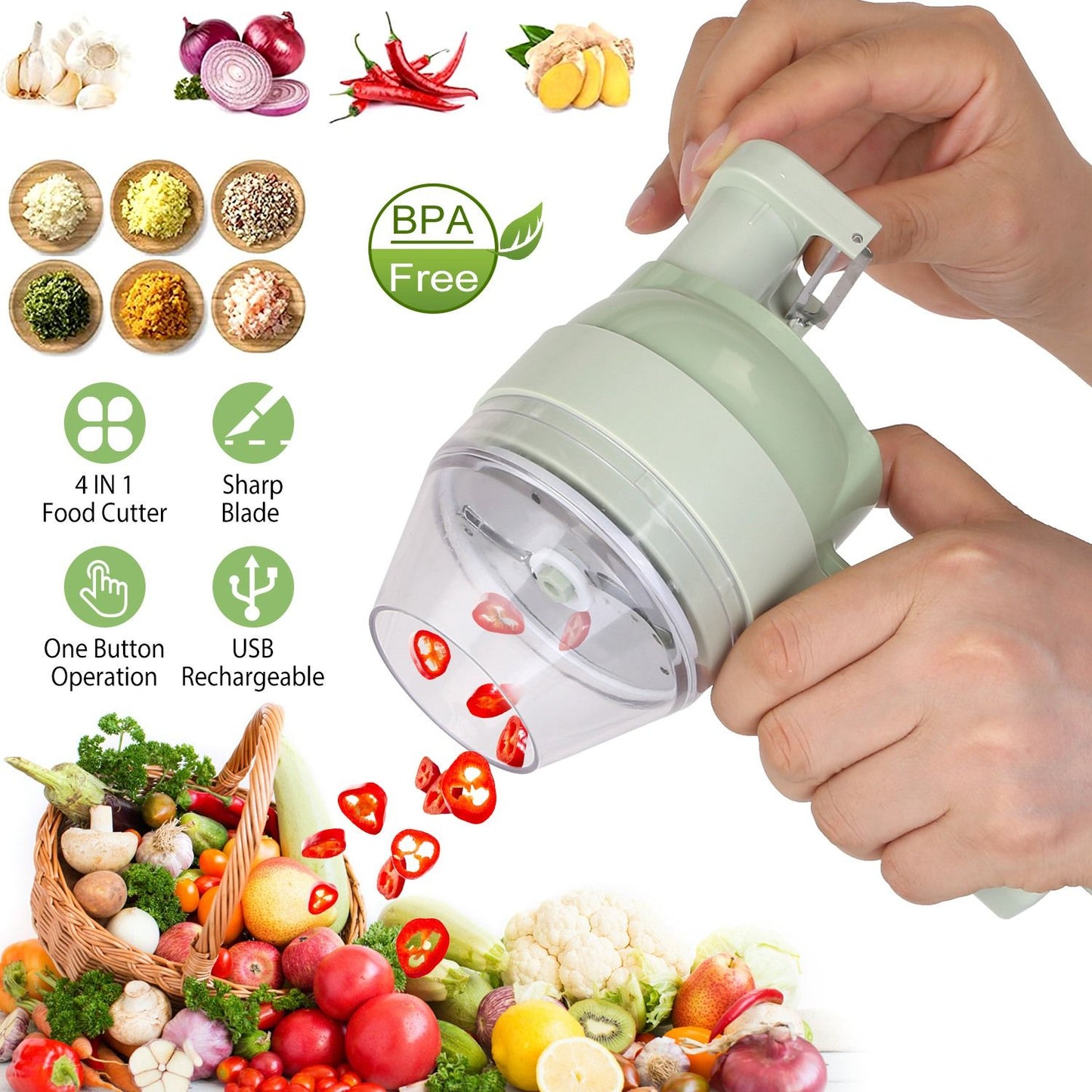 4-in-1 Electric Food Processor – Grind, Slice, Peel & Stir | Long-Ingredient Feed Hole | Direct-to-Pot Shooter | One-Key Self-Cleaning | Stainless-Steel Mini Chopper for Garlic, Onion, Meat & Fruit