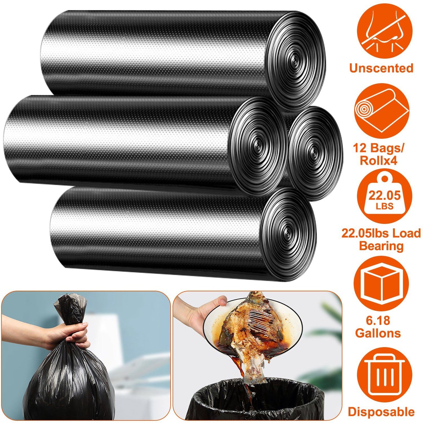 4 Rolls Black Garbage Bags 6.18 Gallons Unscented Disposable Trash Bags Portable Leak Resistant Trash Can Liners for Bathroom Office Kitchen Bedroom Camping