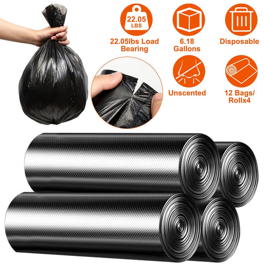 4 Rolls Black Garbage Bags 6.18 Gallons Unscented Disposable Trash Bags Portable Leak Resistant Trash Can Liners for Bathroom Office Kitchen Bedroom Camping
