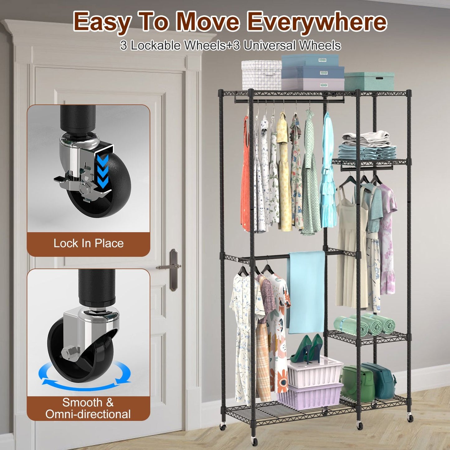 4 Tier Heavy Duty Garment Rack with Wheels Carbon Steel Clothing Rack Portable Wardrobe Clothes Rack with 3 Hanging Rods 6 Footrests 44.9x17.13x77.95in