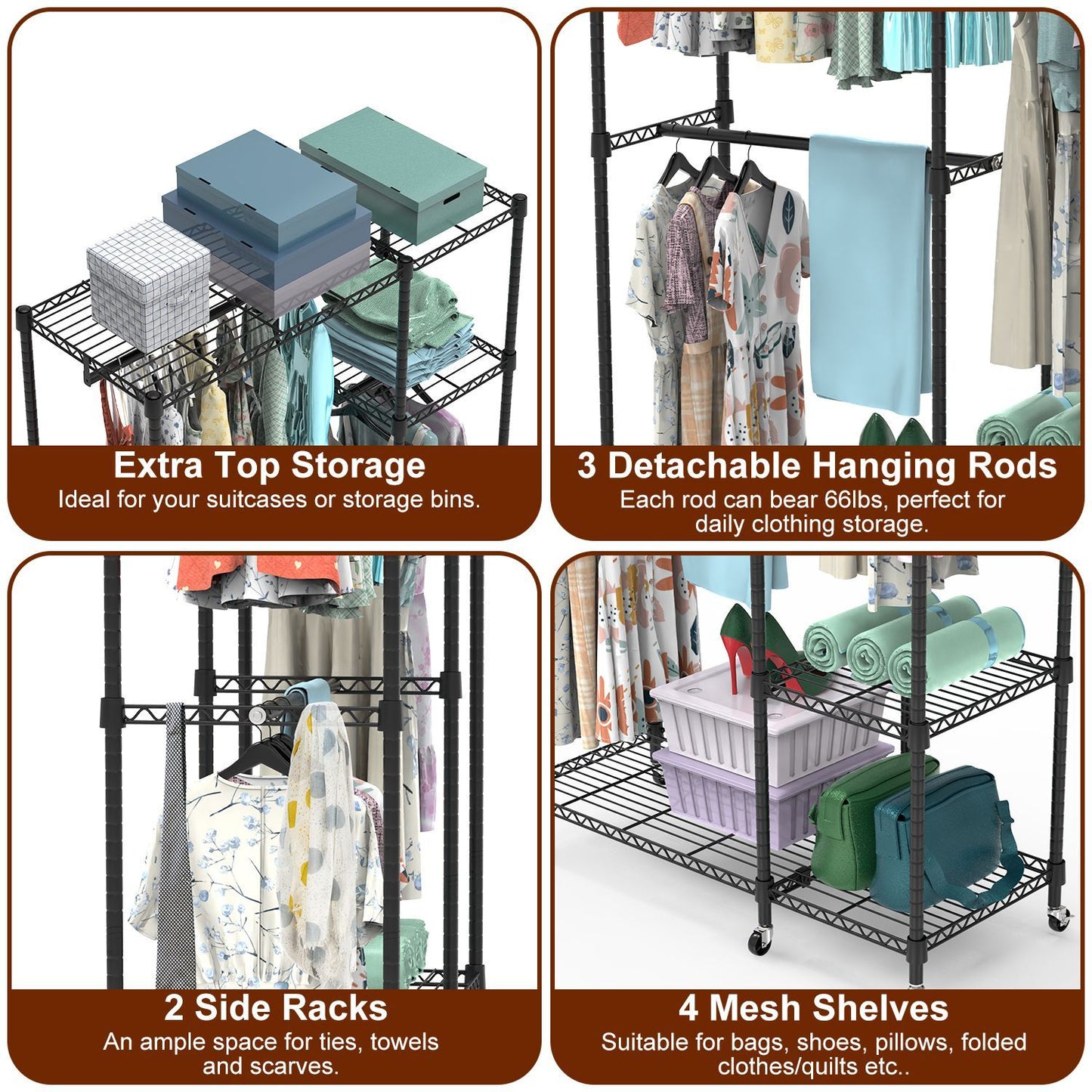 4 Tier Heavy Duty Garment Rack with Wheels Carbon Steel Clothing Rack Portable Wardrobe Clothes Rack with 3 Hanging Rods 6 Footrests 44.9x17.13x77.95in