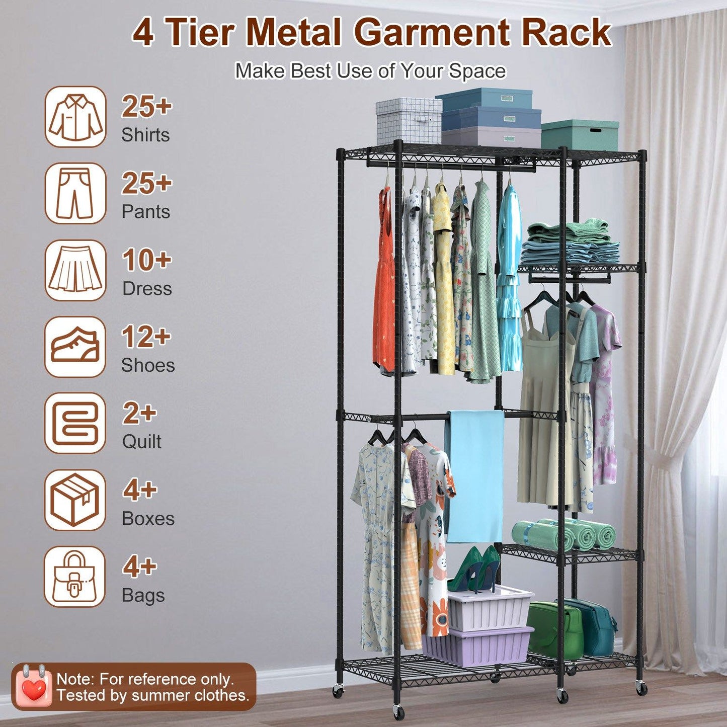 4 Tier Heavy Duty Garment Rack with Wheels Carbon Steel Clothing Rack Portable Wardrobe Clothes Rack with 3 Hanging Rods 6 Footrests 44.9x17.13x77.95in