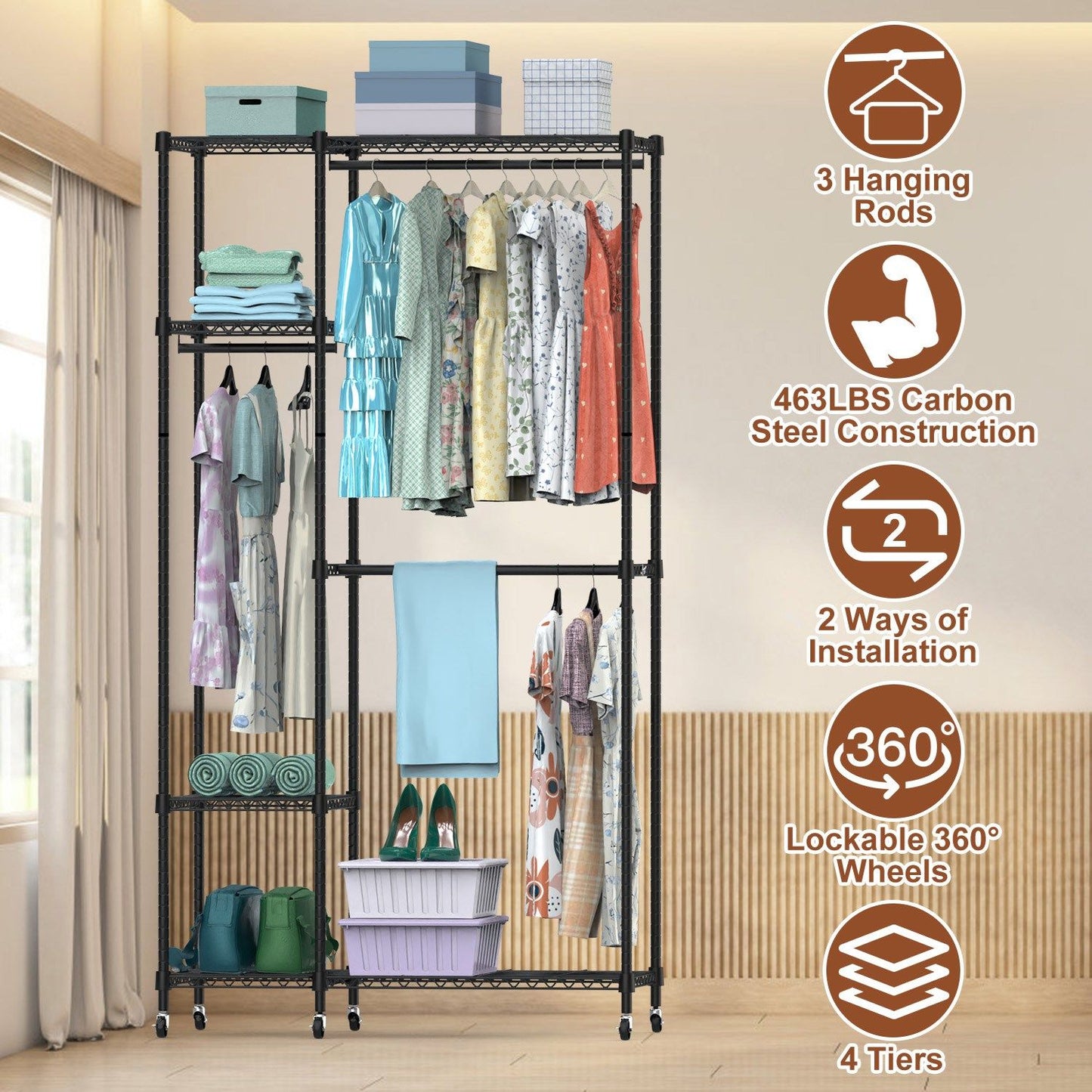4 Tier Heavy Duty Garment Rack with Wheels Carbon Steel Clothing Rack Portable Wardrobe Clothes Rack with 3 Hanging Rods 6 Footrests 44.9x17.13x77.95in