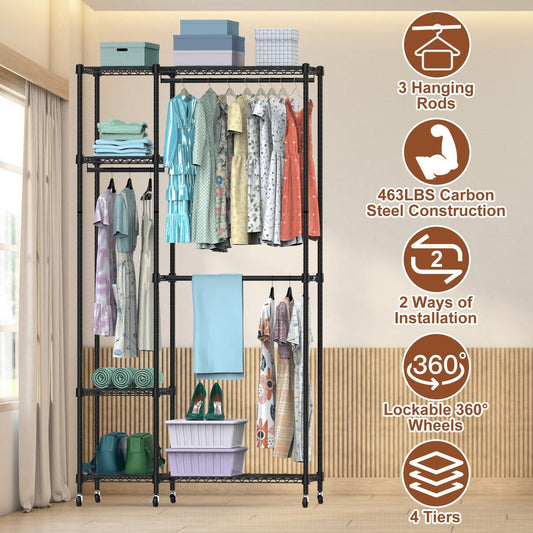 4 Tier Heavy Duty Garment Rack with Wheels Carbon Steel Clothing Rack Portable Wardrobe Clothes Rack with 3 Hanging Rods 6 Footrests 44.9x17.13x77.95in