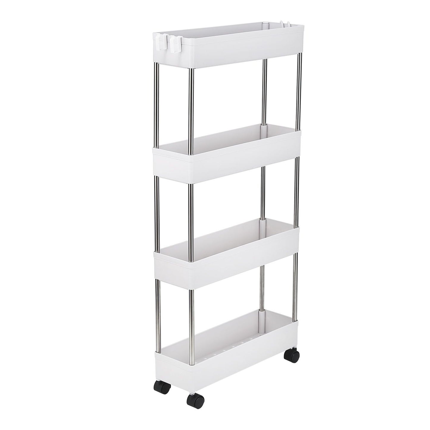4 Tier Slim Storage Cart Mobile Shelving Unit Organizer Slide Out Storage Rolling Utility Cart Tower Rack for Kitchen Bathroom Laundry Narrow Places, Plastic & Stainless Steel, White