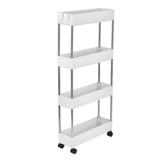 4 Tier Slim Storage Cart Mobile Shelving Unit Organizer Slide Out Storage Rolling Utility Cart Tower Rack for Kitchen Bathroom Laundry Narrow Places, Plastic & Stainless Steel, White