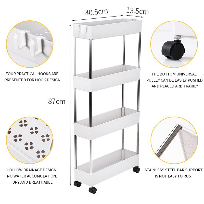 4 Tier Slim Storage Cart Mobile Shelving Unit Organizer Slide Out Storage Rolling Utility Cart Tower Rack for Kitchen Bathroom Laundry Narrow Places, Plastic & Stainless Steel, White