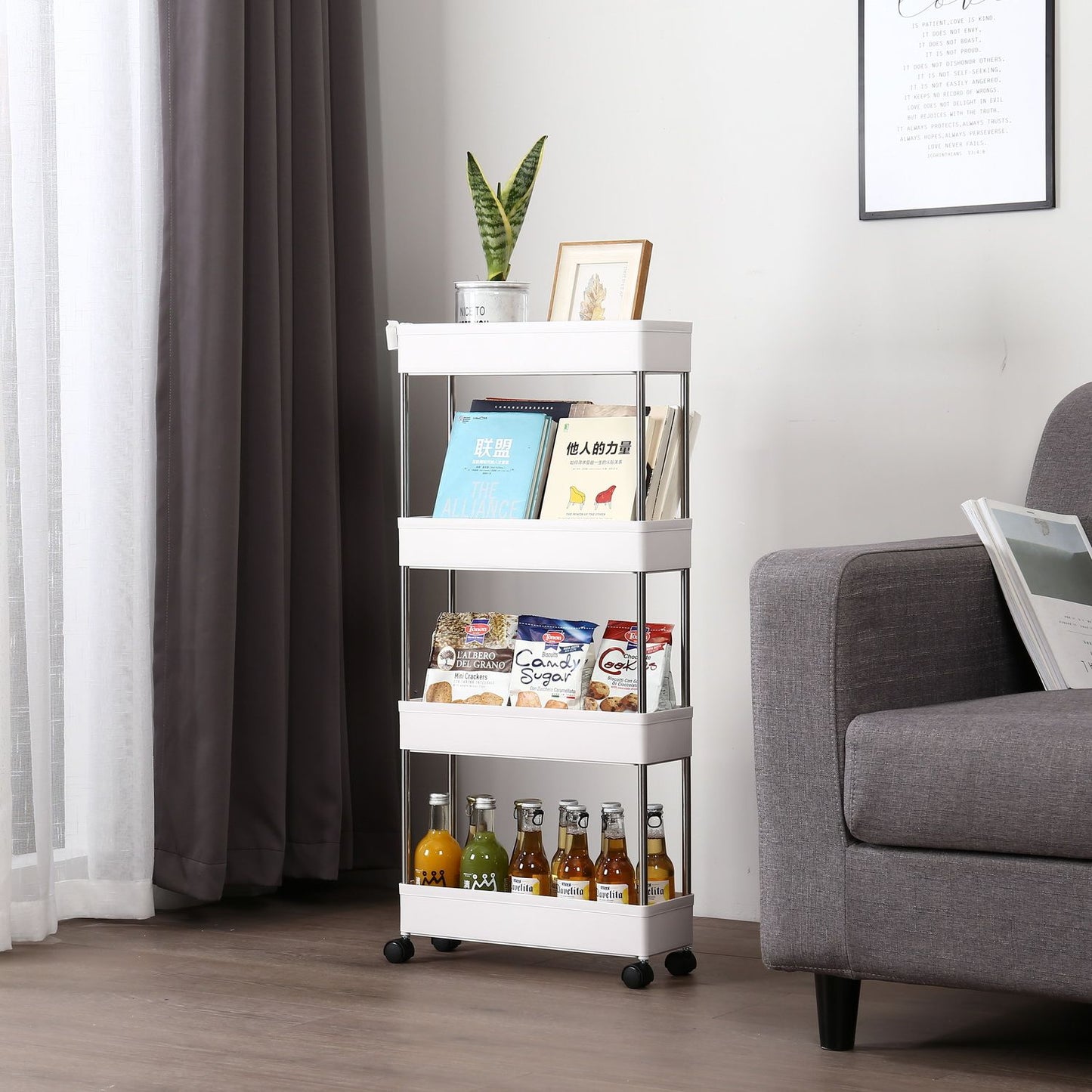 4 Tier Slim Storage Cart Mobile Shelving Unit Organizer Slide Out Storage Rolling Utility Cart Tower Rack for Kitchen Bathroom Laundry Narrow Places, Plastic & Stainless Steel, White