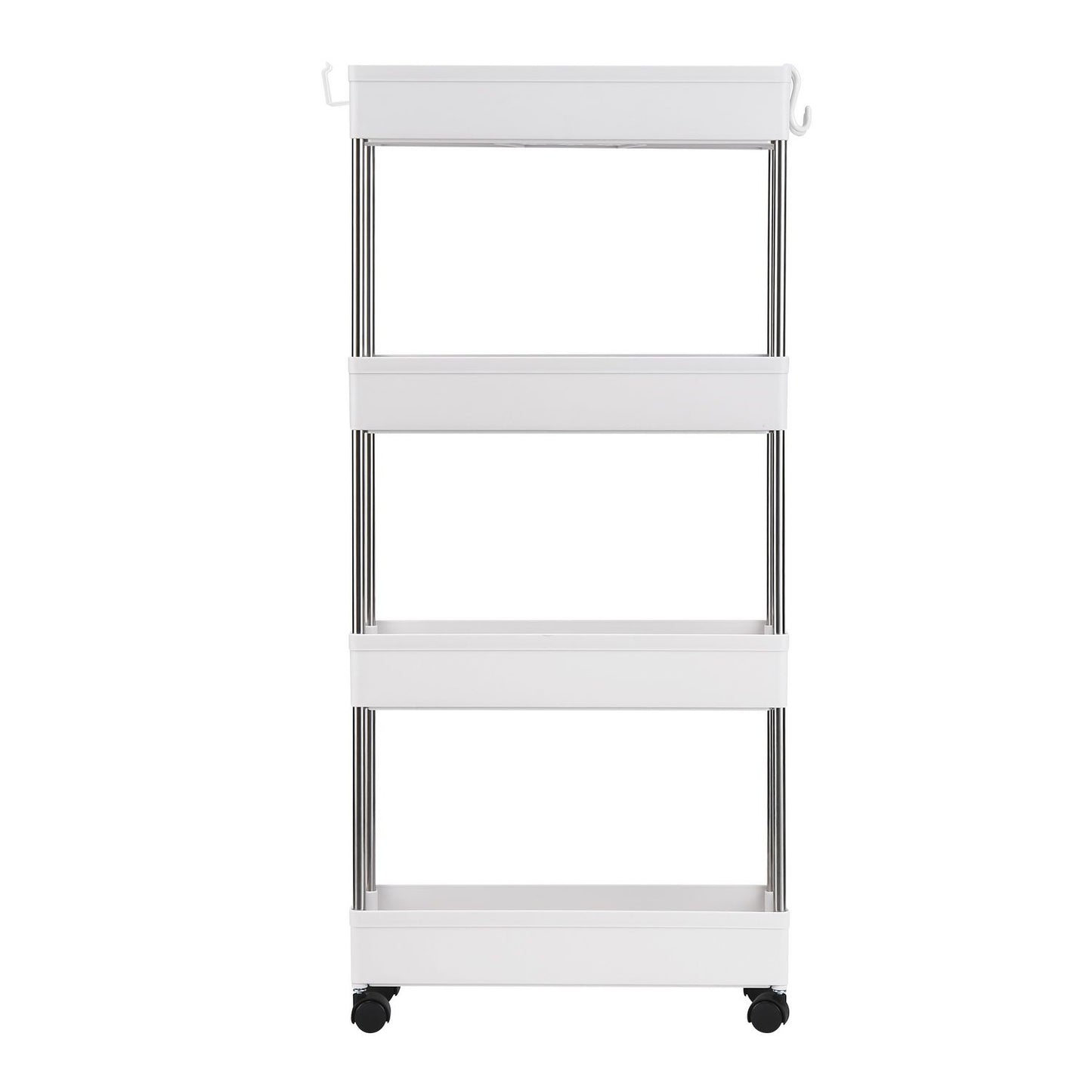 4 Tier Slim Storage Cart Mobile Shelving Unit Organizer Slide Out Storage Rolling Utility Cart Tower Rack for Kitchen Bathroom Laundry Narrow Places, Plastic & Stainless Steel, White