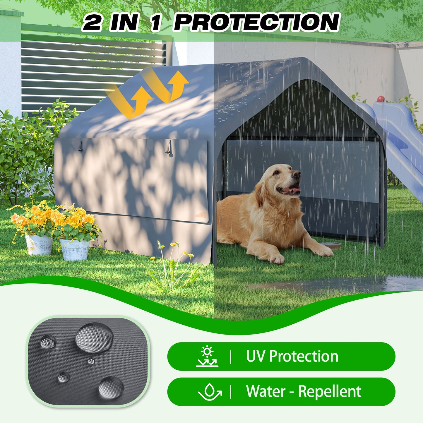 4' x 4' x 3.3' Outdoor Dog House Tent with 3-Sided Mesh Windows, Pet Shelter with Canopy and Ground Stakes, Gray