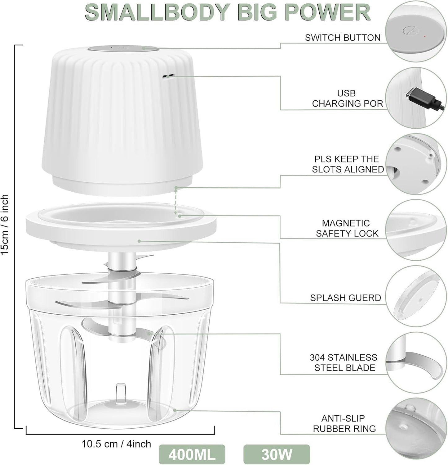 400ML Electric Garlic Chopper and Food Processor 1.5 Cup, 6 Blades Garlic Grinder Mini Vegetable Chopper, USB-C Rechargeable Portable Veggie Chopper, Onion Mincer, Chili, Fruit, Meat