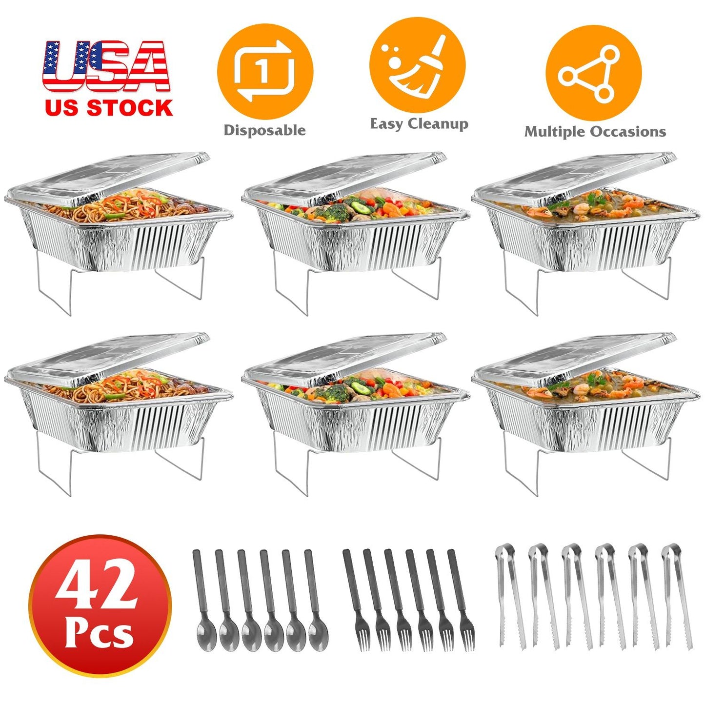 42Pcs Disposable Chafing Dish Buffet Kit - Heat-Resistant Aluminum Foil Pans, Iron Stands & Sturdy Utensils - Long-Lasting Warmth - Ideal for Catering, Office Parties, BBQs