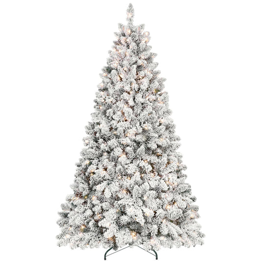 4.5 ft Prelit Flocked Christmas Tree with Pine Cones & 250 UL Lights, Snow Frosted Artificial Christmas Tree with Auto Hinged Branches for Holiday Decor