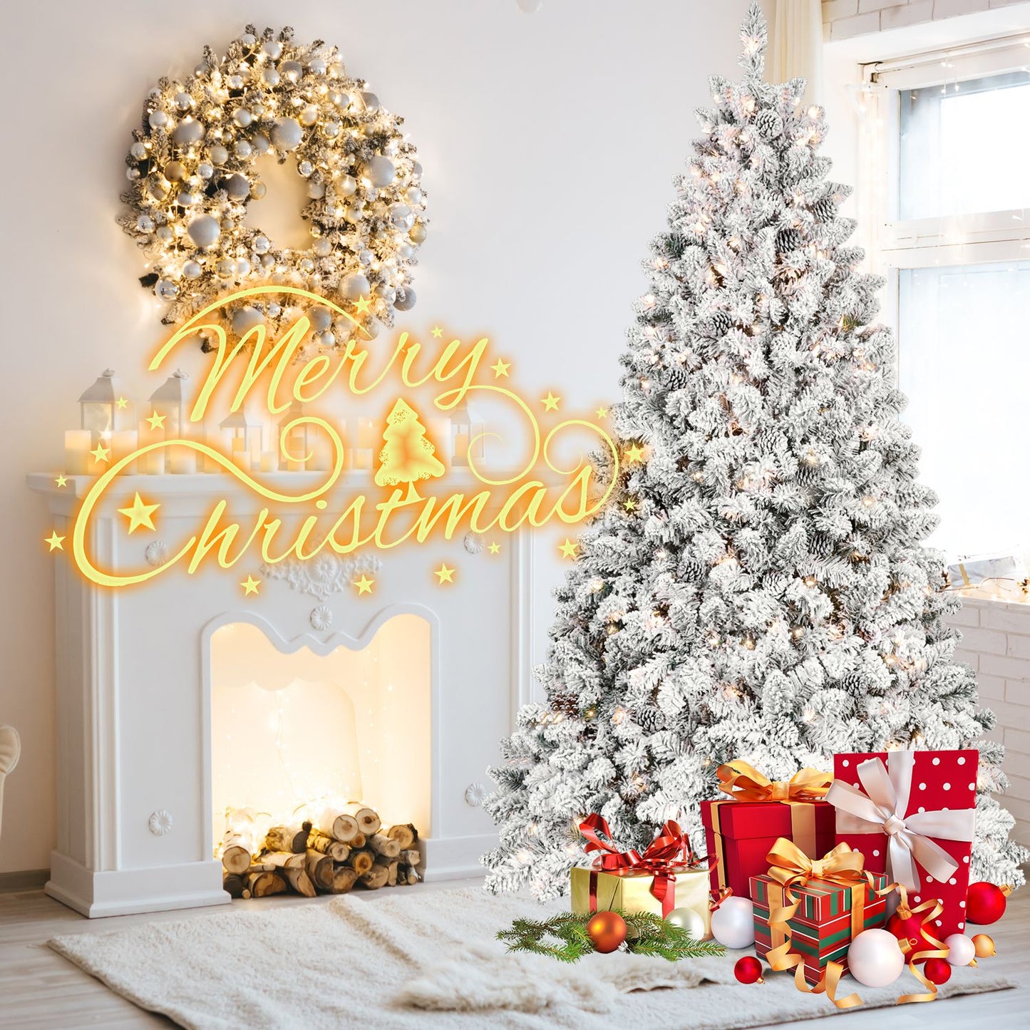 4.5 ft Prelit Flocked Christmas Tree with Pine Cones & 250 UL Lights, Snow Frosted Artificial Christmas Tree with Auto Hinged Branches for Holiday Decor