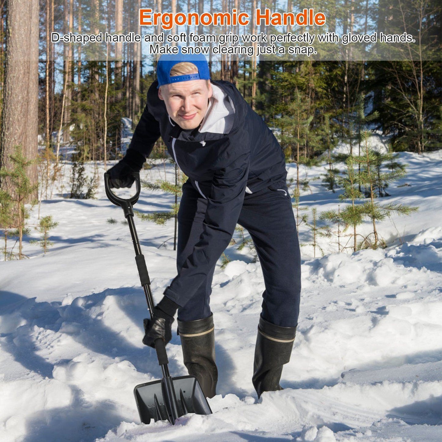45.7 in. Metal Handle Steel 3-In-1 Snow Shovel Kit Brush Ice Scraper Collapsible Design Snow Removal