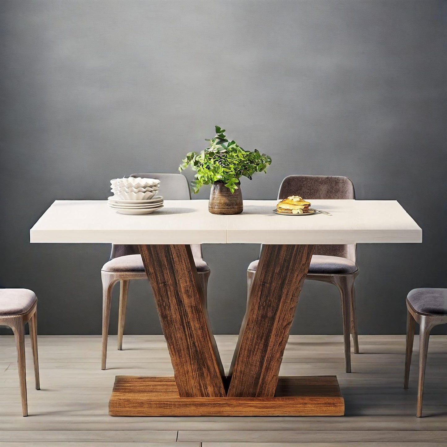 47-Inch Dining Table for 4, White Kitchen Dinner Table with Heavy Duty Pedestal, Farmhouse Wooden Eating Table