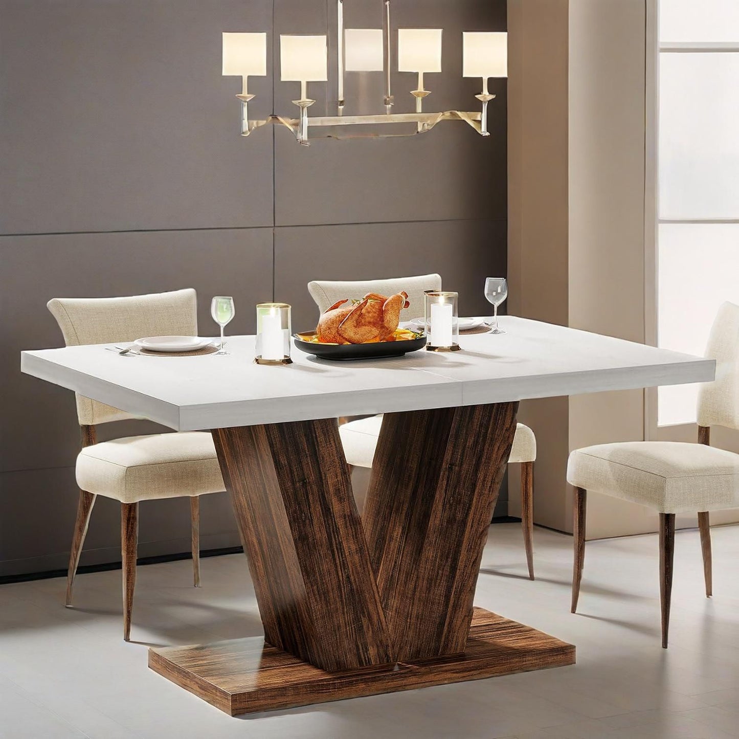 47-Inch Dining Table for 4, White Kitchen Dinner Table with Heavy Duty Pedestal, Farmhouse Wooden Eating Table