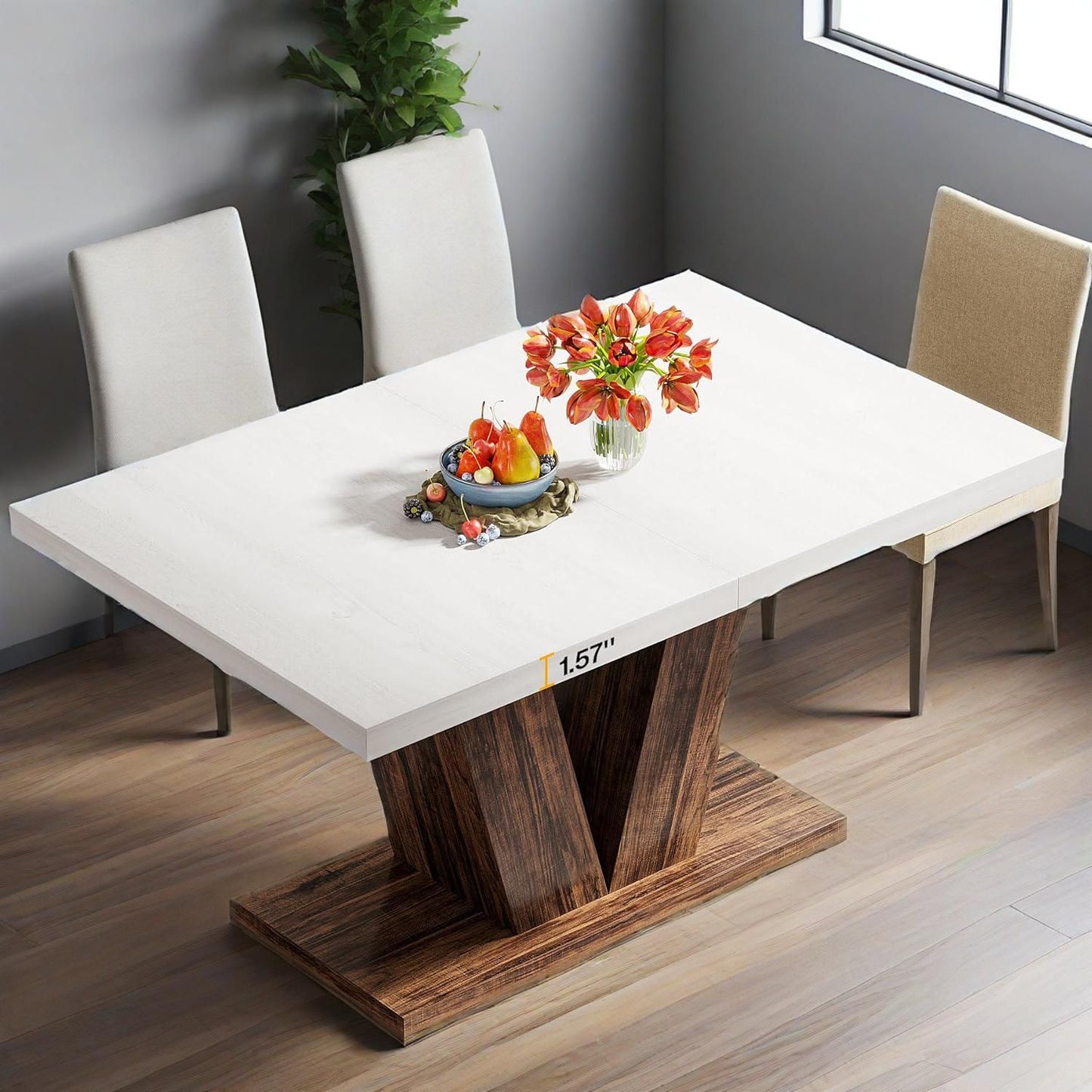 47-Inch Dining Table for 4, White Kitchen Dinner Table with Heavy Duty Pedestal, Farmhouse Wooden Eating Table