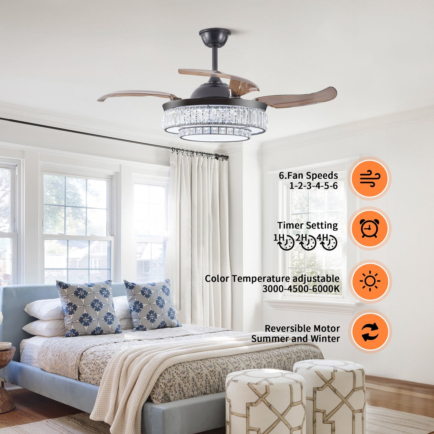 48" Contemporary Crystal LED Retractable Ceiling Fan with Light and Remote Control, 6-Speed Quiet Reversible DC Motor,4 Blades Modern Ceiling Fans for Kitchen Bedroom Dining Room Patio