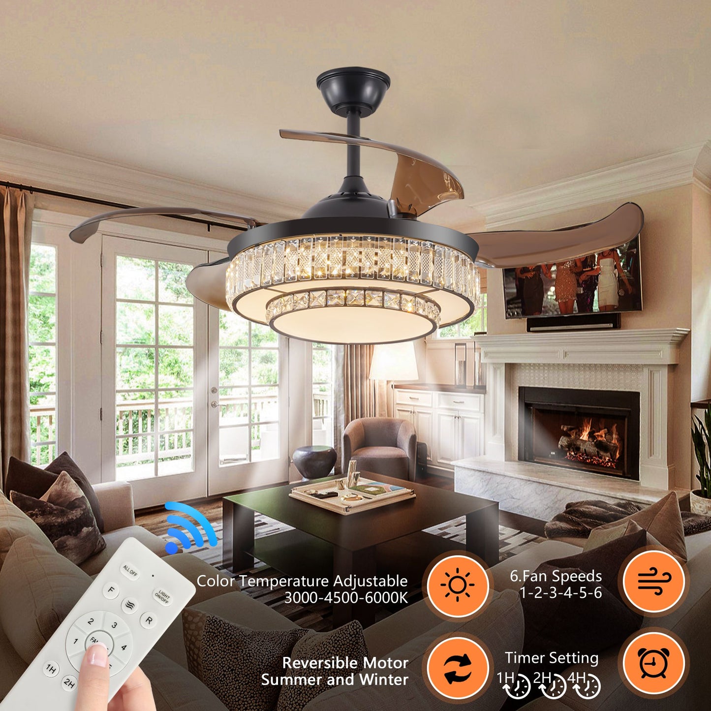 48" Contemporary Crystal LED Retractable Ceiling Fan with Light and Remote Control, 6-Speed Quiet Reversible DC Motor,4 Blades Modern Ceiling Fans for Kitchen Bedroom Dining Room Patio