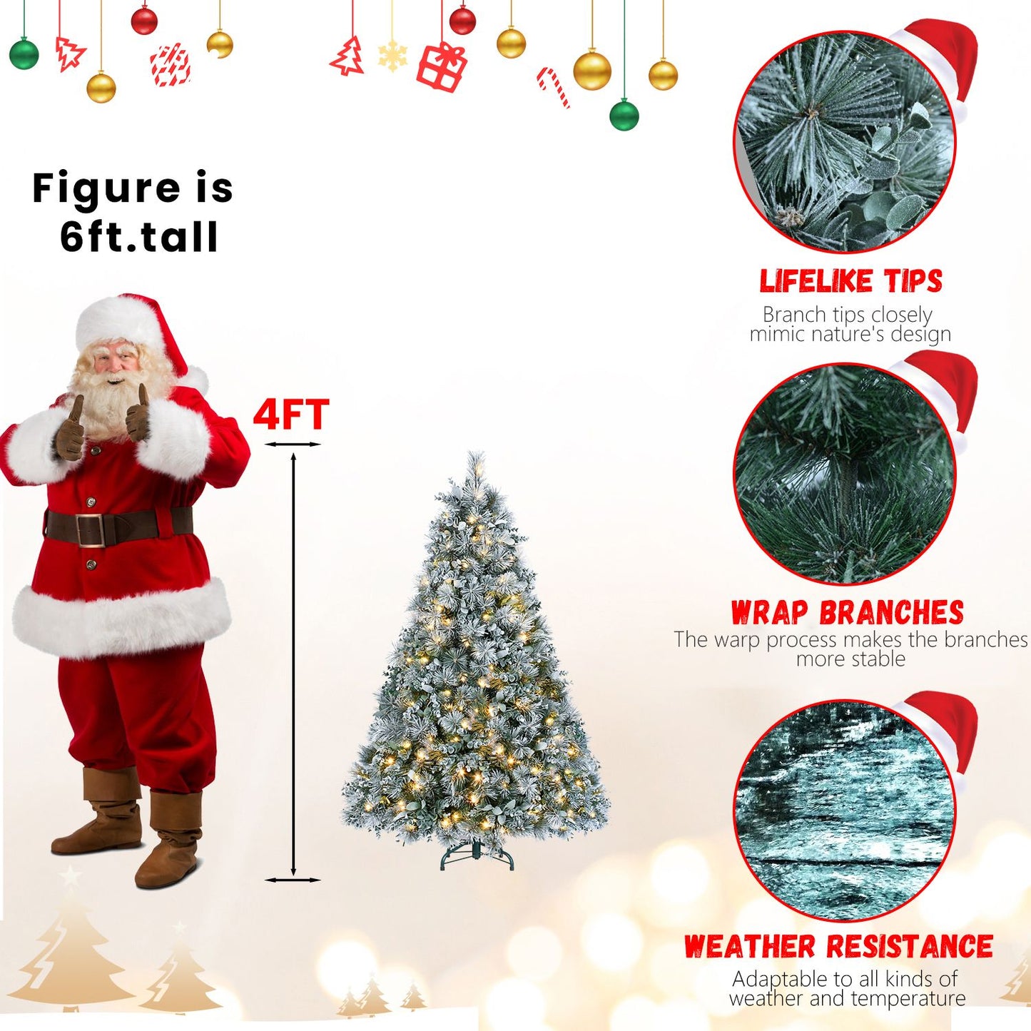 4ft Pre-Lit Flocked Artificial Christmas Tree with 150 Warm White Lights, Snow Frosted Realistic Pine Xmas Tree for Indoor Holiday Decoration, Home Office Décor