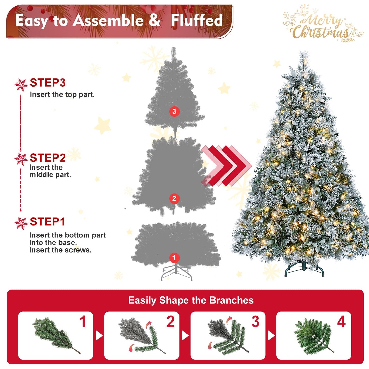 4ft Pre-Lit Flocked Artificial Christmas Tree with 150 Warm White Lights, Snow Frosted Realistic Pine Xmas Tree for Indoor Holiday Decoration, Home Office Décor