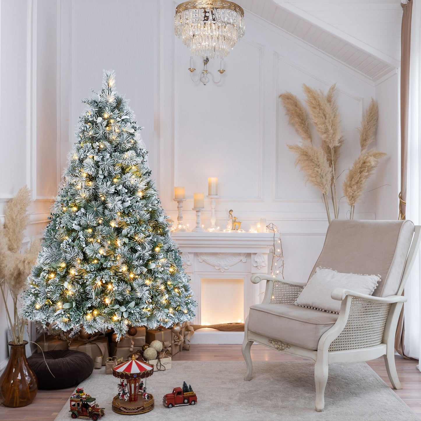 4ft Pre-Lit Flocked Artificial Christmas Tree with 150 Warm White Lights, Snow Frosted Realistic Pine Xmas Tree for Indoor Holiday Decoration, Home Office Décor