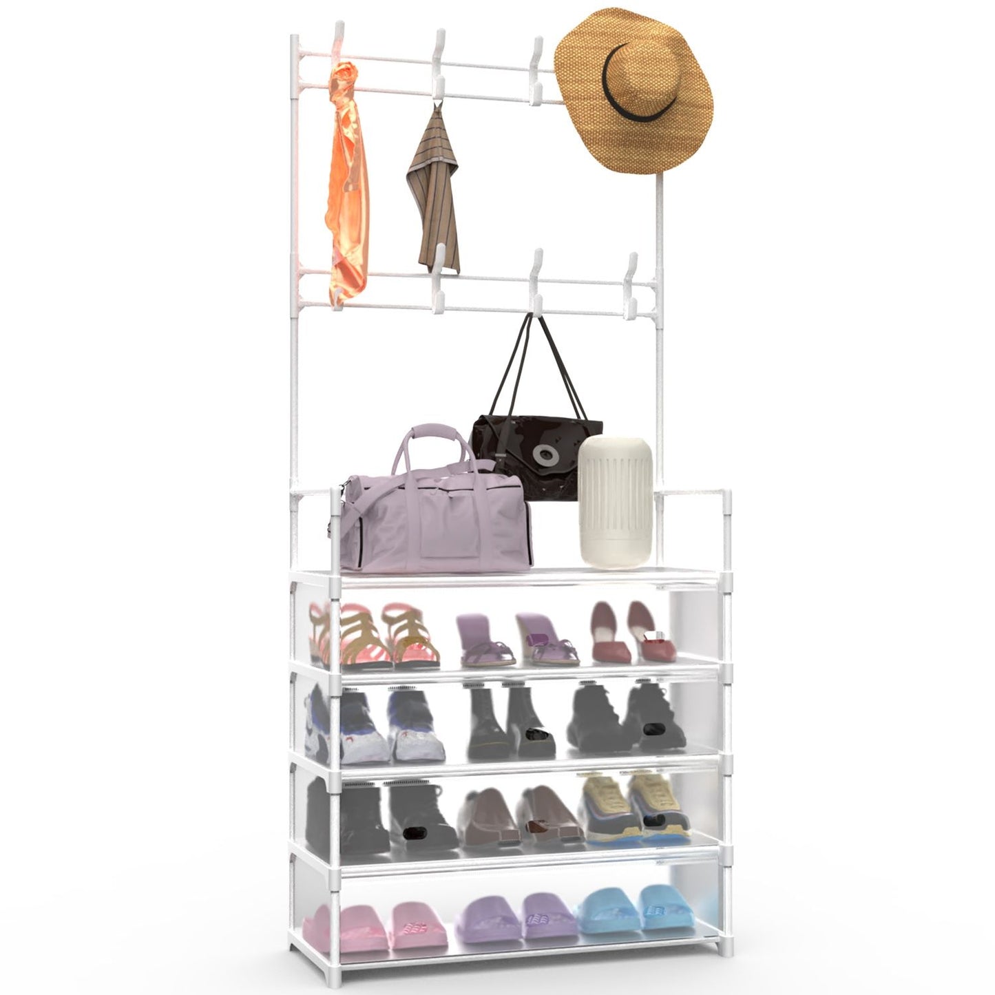 5-Tier Dustproof Entryway Hall Tree Coat Rack Shoe Rack With 8 Removable Hooks Freestanding Shoe Storage Shelf Hat Clothes Organizer For Front Door Bedroom Entryway
