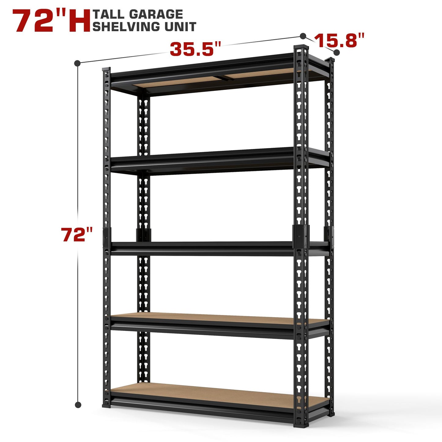 5-Tier Kitchen Storage Rack, 60/72 Inch Height Adjustable Metal Shelving Unit, Heavy Duty Garage Storage Rack for Warehouse, Basement, Kitchen, Pantry, Living Room, Black