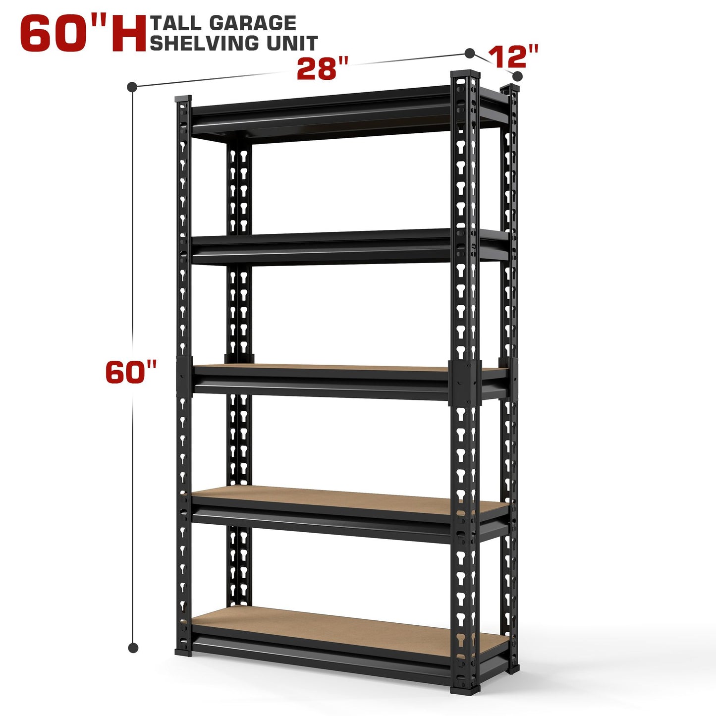 5-Tier Kitchen Storage Rack, 60/72 Inch Height Adjustable Metal Shelving Unit, Heavy Duty Garage Storage Rack for Warehouse, Basement, Kitchen, Pantry, Living Room, Black