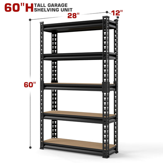 5-Tier Kitchen Storage Rack, 60/72 Inch Height Adjustable Metal Shelving Unit, Heavy Duty Garage Storage Rack for Warehouse, Basement, Kitchen, Pantry, Living Room, Black