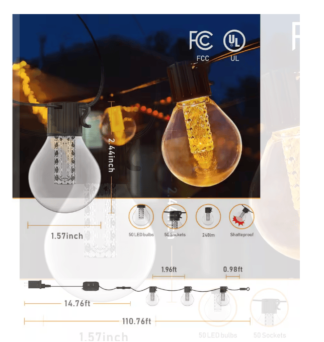 50-light 100ft LED Globe String Lights Bluetooth App Control