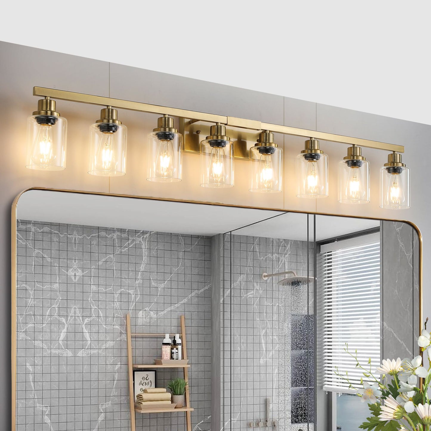 51" Golden 8-Light Vanity Light with Clear Glass Shades, Modern Iron Metal Bathroom Wall Fixture for Mirror, Ideal for Bathroom and Dressing Table (No Bulbs)