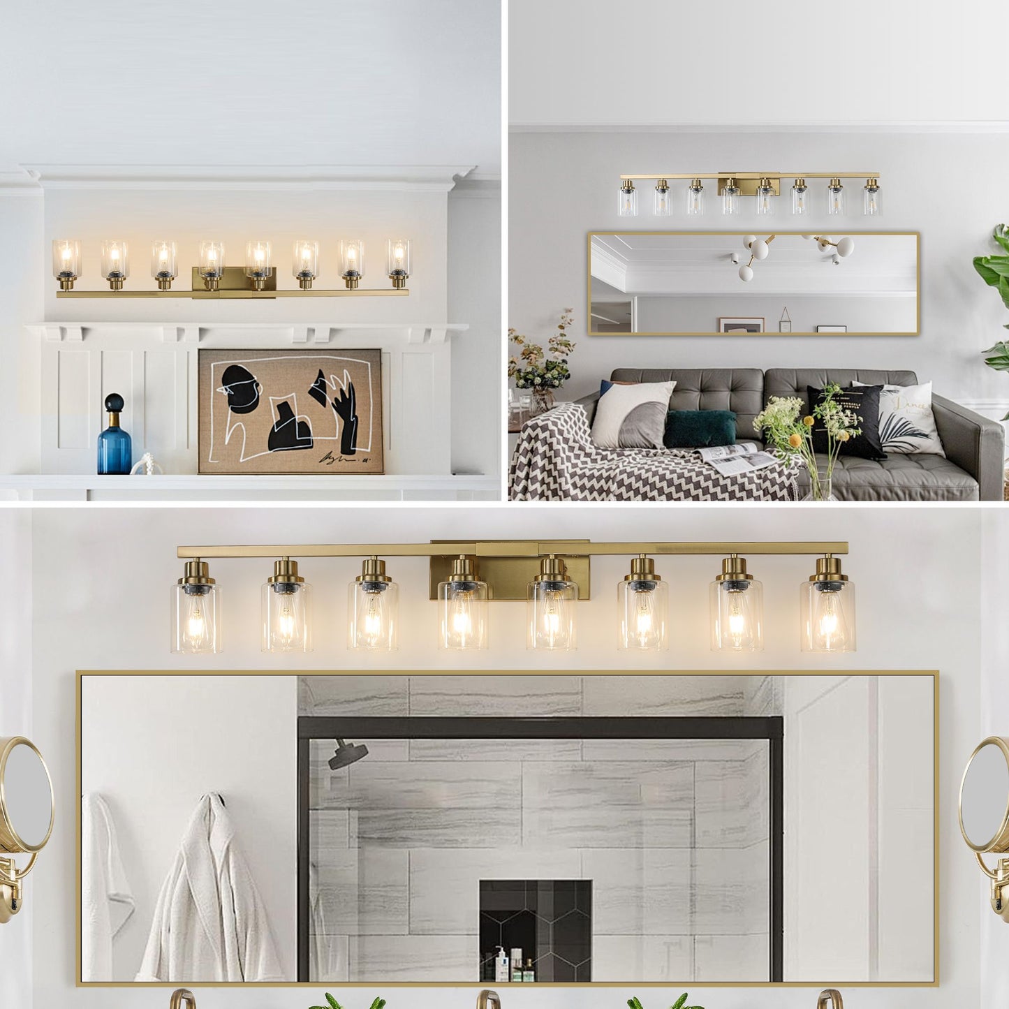 51" Golden 8-Light Vanity Light with Clear Glass Shades, Modern Iron Metal Bathroom Wall Fixture for Mirror, Ideal for Bathroom and Dressing Table (No Bulbs)