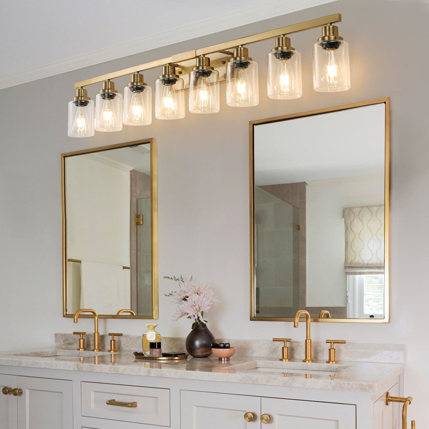51" Golden 8-Light Vanity Light with Clear Glass Shades, Modern Iron Metal Bathroom Wall Fixture for Mirror, Ideal for Bathroom and Dressing Table (No Bulbs)