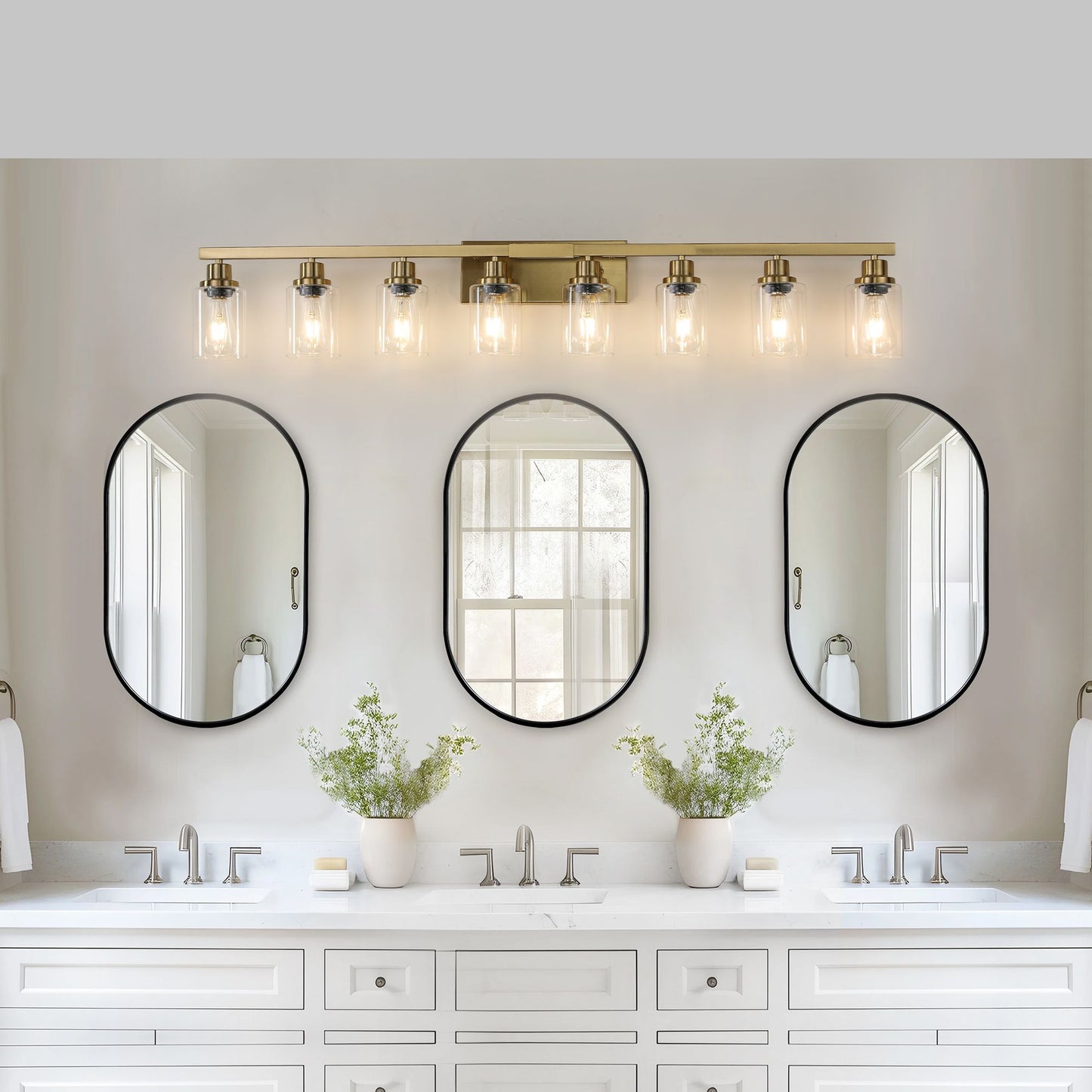 51" Golden 8-Light Vanity Light with Clear Glass Shades, Modern Iron Metal Bathroom Wall Fixture for Mirror, Ideal for Bathroom and Dressing Table (No Bulbs)