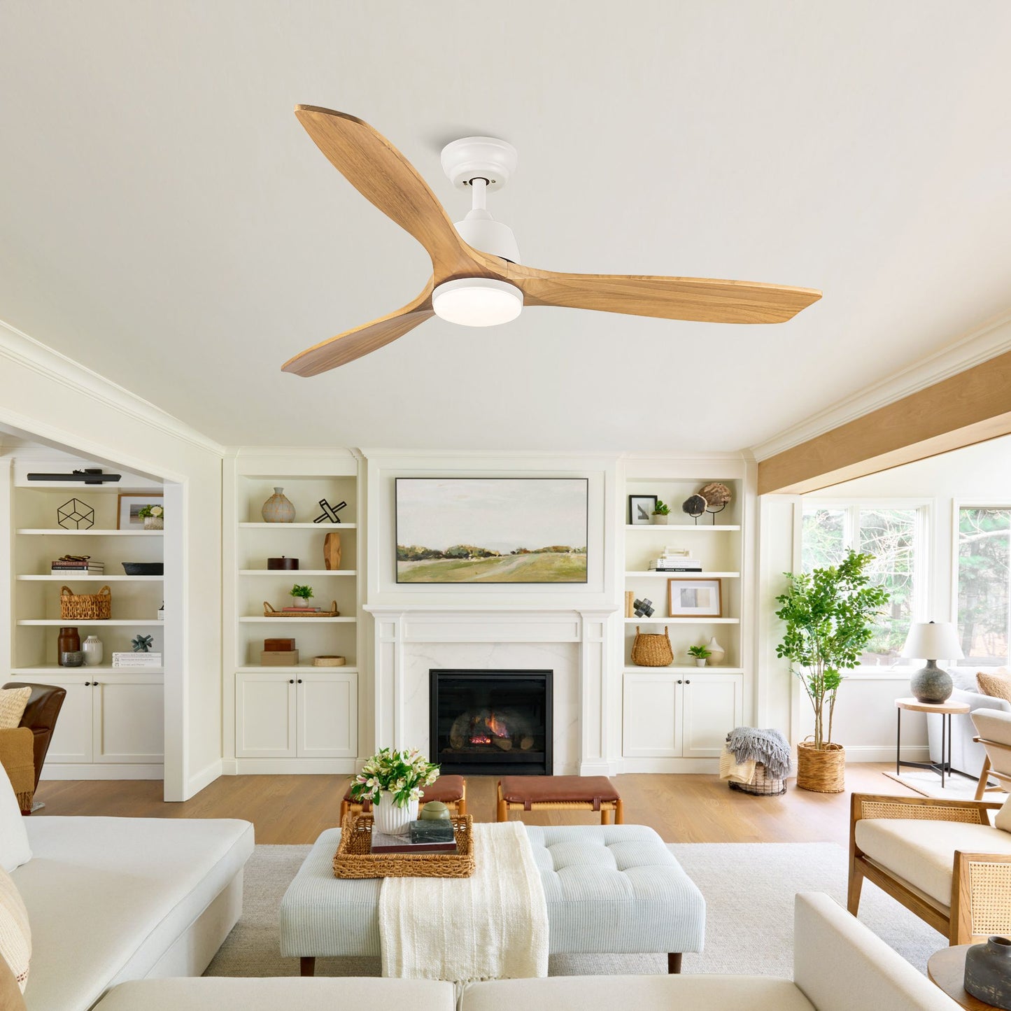 52 in. Indoor Ceiling Fan with light and Remote Control, 3 Yellow Solid Wood Blades