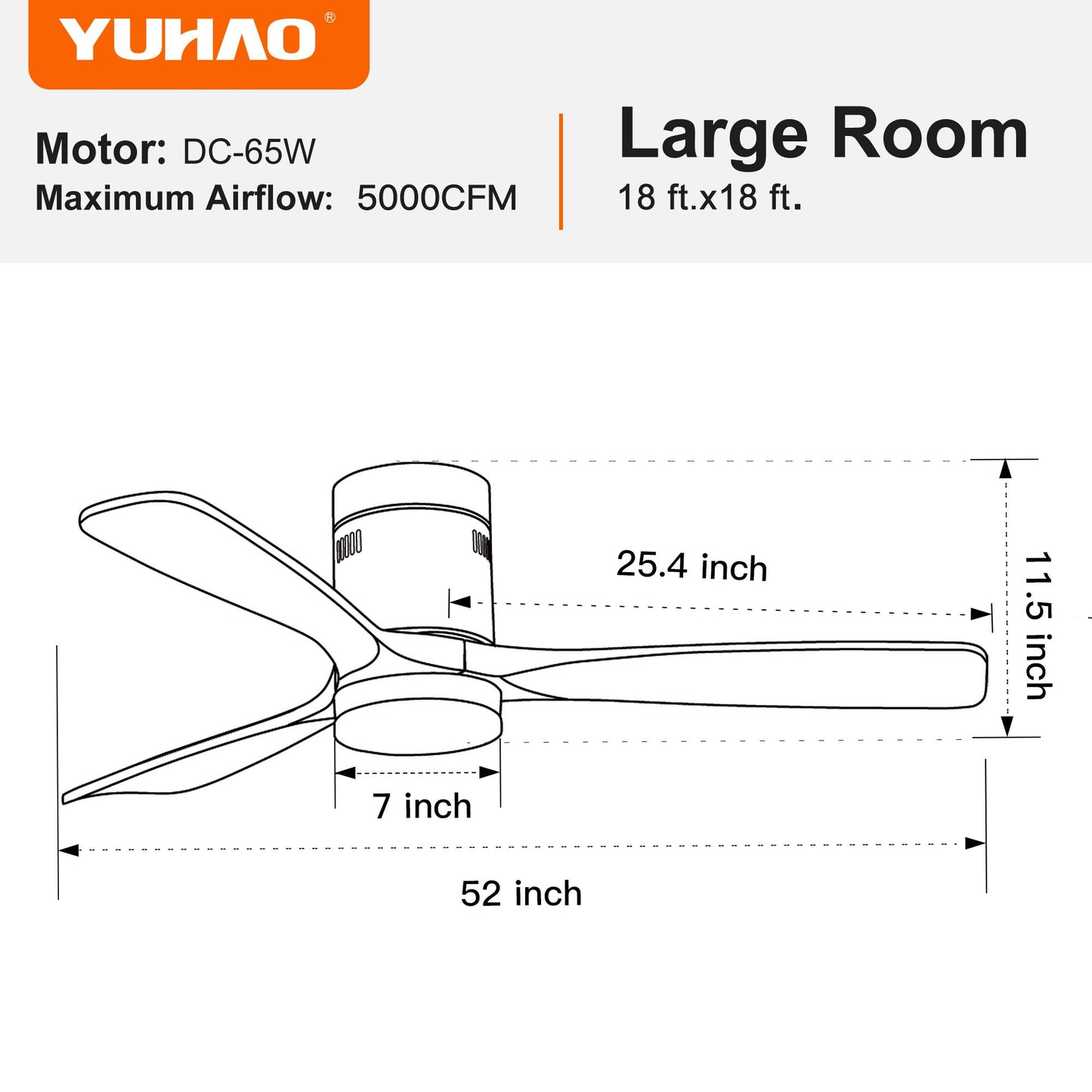 52 in Low Profile Dimmable Integrated Ceiling Fan with 3 Brown Solid Wood Blades