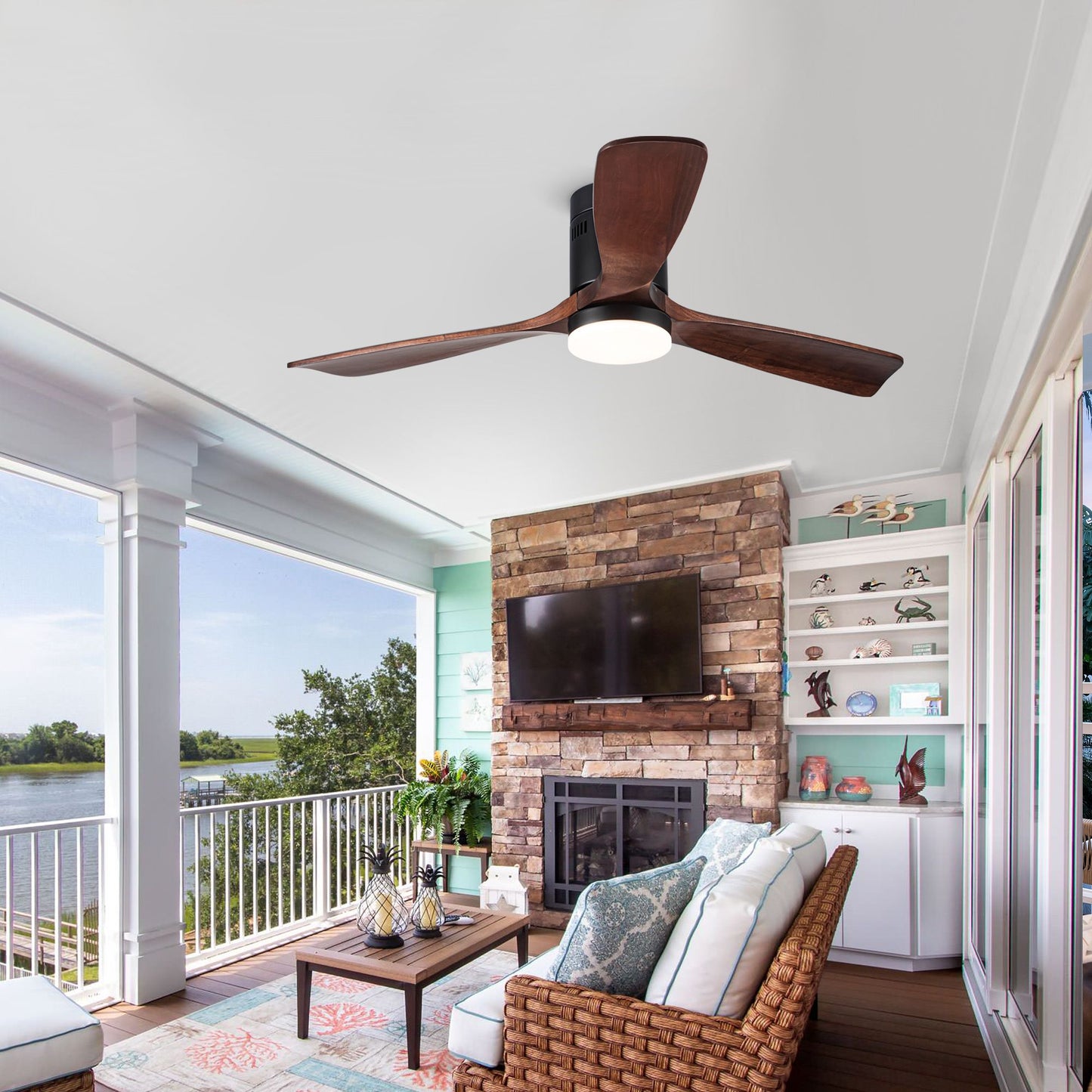 52 in Low Profile Dimmable Integrated Ceiling Fan with 3 Brown Solid Wood Blades