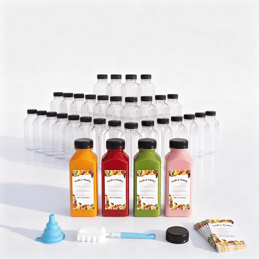 56 Pack 12oz Leak Resistant Plastic Juice Containers, Tamper Evident Security Caps, Funnel Brush & DIY Label Set for Homemade Beverages